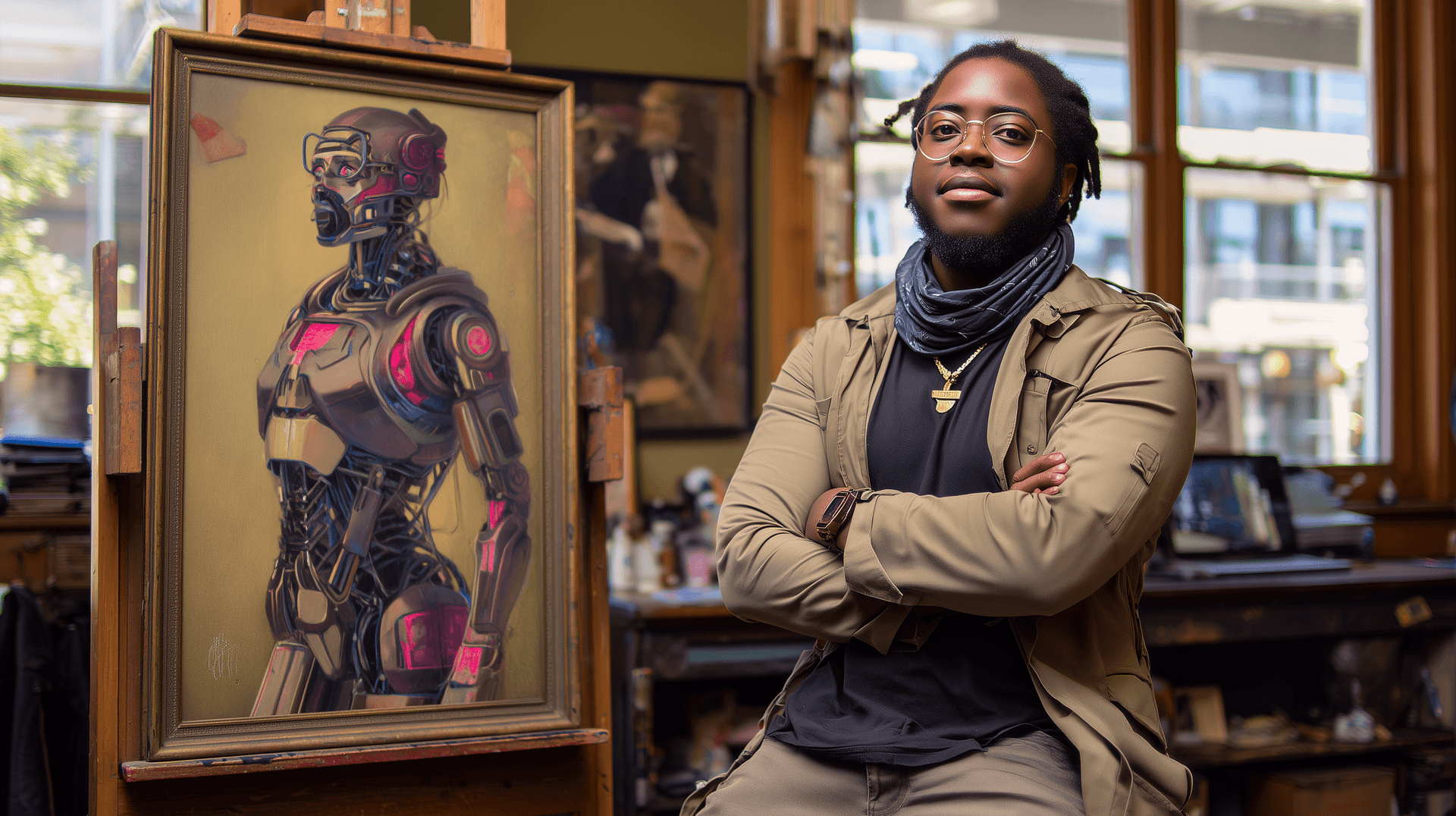 Artist with robot portrait painting