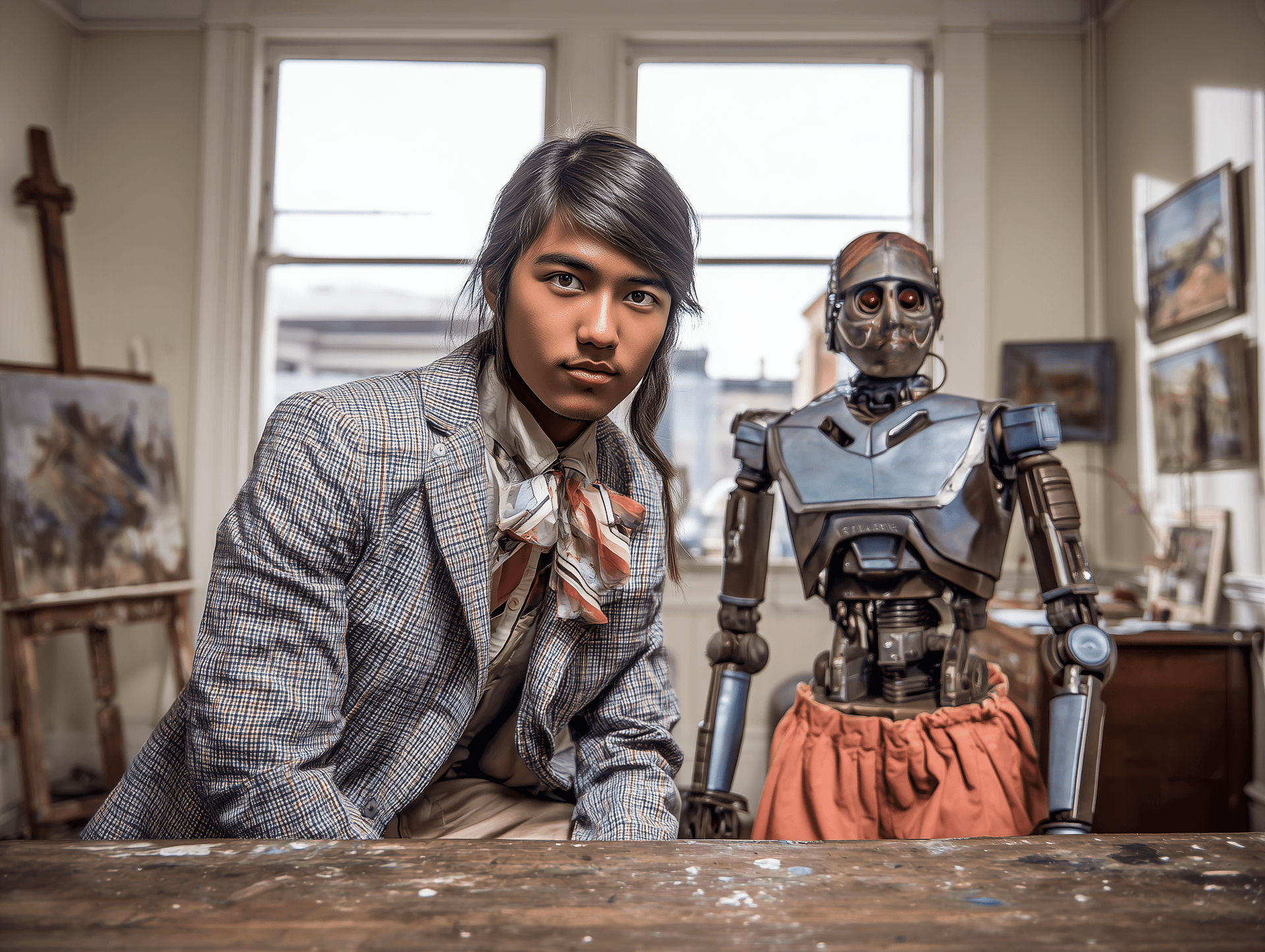 Artist in studio with robot